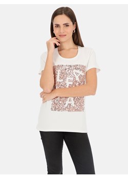 Biały t-shirt damski z cekinową aplikacją L'AF Paris ze sklepu Eye For Fashion w kategorii Bluzki damskie - zdjęcie 172638356