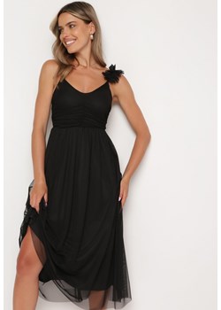 Czarna Sukienka na Ramiączkach z Gumką w Talii i Falbanką Watalia ze sklepu Born2be Odzież w kategorii Sukienki - zdjęcie 172653547