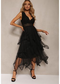 Czarna Asymetryczna Sukienka Kopertowa z Wiązaniem na Plecach Driolla ze sklepu Renee odzież w kategorii Sukienki - zdjęcie 172657078