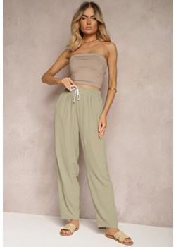 Zielone Szerokie Spodnie z Bawełny ze Sznurkiem w Talii Vrumelia ze sklepu Renee odzież w kategorii Spodnie damskie - zdjęcie 172657098