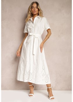 Biała Bawełniana Sukienka o Ażurowym Wykończeniu z Paskiem w Talii Zapinana na Guziki Dimosha ze sklepu Renee odzież w kategorii Sukienki - zdjęcie 172657248
