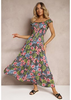 Czarno-Zielona Bawełniana Sukienka w Kwiaty z Falbankami i Gumką w Talii Darialia ze sklepu Renee odzież w kategorii Sukienki - zdjęcie 172657268