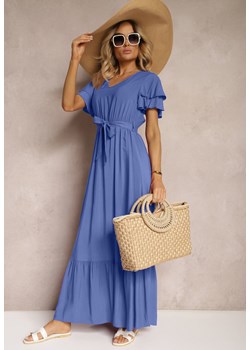 Niebieska Sukienka z Bawełny z Gumką w Talii Zdobiona Falbankami z Materiałowym Paskiem Lendolia ze sklepu Renee odzież w kategorii Sukienki - zdjęcie 172657328