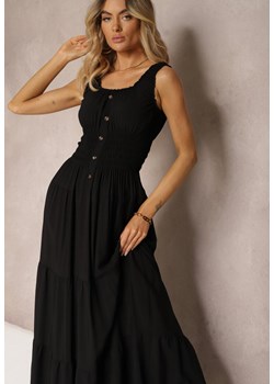 Czarna Sukienka z Bawełny na Ramiączkach z Gumką w Talii i Guzikami Dunvia ze sklepu Renee odzież w kategorii Sukienki - zdjęcie 172657378