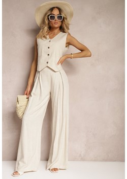 Jasnobeżowe Szerokie Spodnie z Wiskozą i Lnem High Waist Dimris ze sklepu Renee odzież w kategorii Spodnie damskie - zdjęcie 172657688
