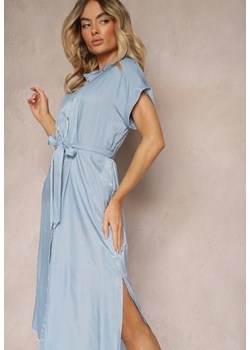 Niebieska Koszulowa Sukienka z Rozcięciem Zapinana na Guziki Wiązana Materiałowym Paskiem Nestarina ze sklepu Renee odzież w kategorii Sukienki - zdjęcie 172657718