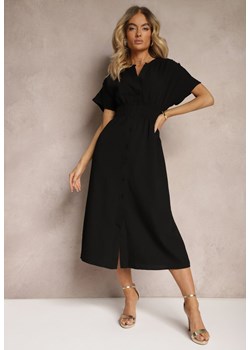 Czarna Sukienka z Wiskozą o Rozkloszowanym Koszulowym Kroju na Guziki z Gumką w Talii Fuvlea ze sklepu Renee odzież w kategorii Sukienki - zdjęcie 172657768