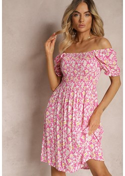 Różowa Sukienka z Wiskozy Typu Hiszpanka z Marszczoną Górą Pralea ze sklepu Renee odzież w kategorii Sukienki - zdjęcie 172657849