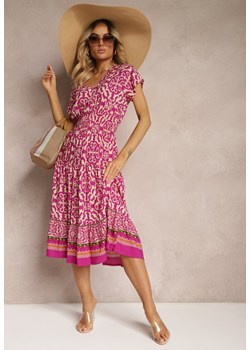 Fioletowa Sukienka z Bawełny z Trójkątnym Dekoltem i Gumką w Talii Zapinana na Guziki Lavlea ze sklepu Renee odzież w kategorii Sukienki - zdjęcie 172657965