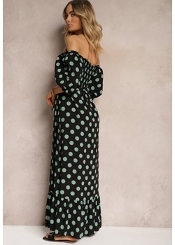 Czarno-Zielona Bawełniana Sukienka z Marszczonym Dekoltem i Materiałowym Paskiem Tesaya ze sklepu Renee odzież w kategorii Sukienki - zdjęcie 172658107