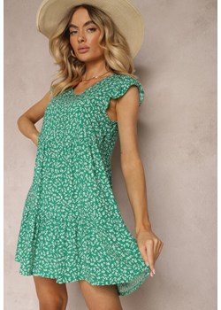 Zielona Rozkloszowana Sukienka z Bawełny Ozdobiona Falbanką Crisandra ze sklepu Renee odzież w kategorii Sukienki - zdjęcie 172658165