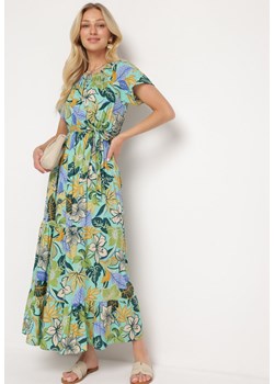 Zielono-Niebieska Sukienka z Wiskozy w Kwiaty Rozkloszowana Wiązana w Talii Quilbia ze sklepu Born2be Odzież w kategorii Sukienki - zdjęcie 172658536