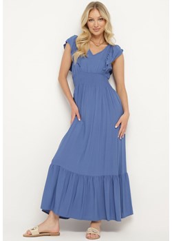 Niebieska Rozkloszowana Sukienka z Bawełny z Gumką w Talii i Falbankami Dimissa ze sklepu Born2be Odzież w kategorii Sukienki - zdjęcie 172659218