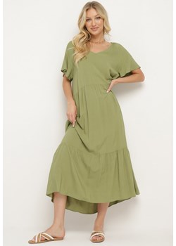 Zielona Rozkloszowana Sukienka z Wiskozy z Krótkim Rękawem Berantia ze sklepu Born2be Odzież w kategorii Sukienki - zdjęcie 172659379