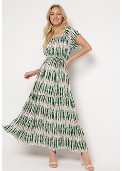 Zielona Wiskozowa Rozkloszowana Sukienka Hiszpanka z Gumką w Pasie i Materiałowym Paskiem Billea ze sklepu Born2be Odzież w kategorii Sukienki - zdjęcie 172660106
