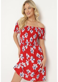 Czerwona Sukienka Typu Hiszpanka w Kwiaty z Rozkloszowanym Dołem i Gumką w Pasie Ellimesa ze sklepu Born2be Odzież w kategorii Sukienki - zdjęcie 172660315