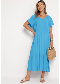 Niebieska Rozkloszowana Sukienka z Wiskozy z Krótkim Rękawem Berantia ze sklepu Born2be Odzież w kategorii Sukienki - zdjęcie 172998035