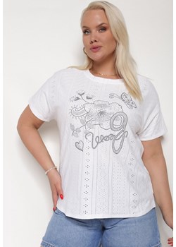 Biały Ażurowy T-shirt z Bawełną Ozdobiony Cyrkoniami Deviana ze sklepu Born2be Odzież w kategorii Bluzki damskie - zdjęcie 172998478