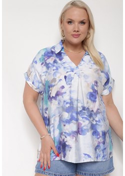 Niebiesko-Biała Koszulowa Bluzka z Bawełną i Ozdobnym Rękawem Risselle ze sklepu Born2be Odzież w kategorii Bluzki damskie - zdjęcie 173020747
