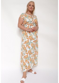 Biało-Pomarańczowa Bawełniana Sukienka z Gumką w Pasie Zilletta ze sklepu Born2be Odzież w kategorii Sukienki - zdjęcie 173020807