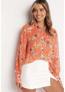 Pomarańczowa Koszula z Transparentnej Tkaniny w Kwiaty Brumelia ze sklepu Born2be Odzież w kategorii Koszule damskie - zdjęcie 173023506