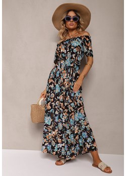 Czarno-Niebieska Bawełniana Sukienka Hiszpanka Wiązana w Talii w Kwiatowy Wzór Risarrae ze sklepu Renee odzież w kategorii Sukienki - zdjęcie 173024127