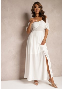 Biała Sukienka Wieczorowa z Hiszpańskim Dekoltem i Rozcięciem Vikiya ze sklepu Renee odzież w kategorii Sukienki - zdjęcie 173024305
