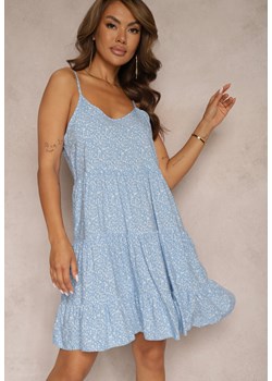 Niebieska Rozkloszowana Sukienka z Bawełny na Ramiączkach w Kwiaty Qiloa ze sklepu Renee odzież w kategorii Sukienki - zdjęcie 173028806