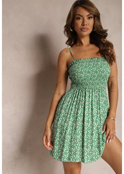 Zielona Sukienka z Bawełny na Ramiączkach z Rozkloszowaniem i Marszczoną Górą Risetto ze sklepu Renee odzież w kategorii Sukienki - zdjęcie 173028836