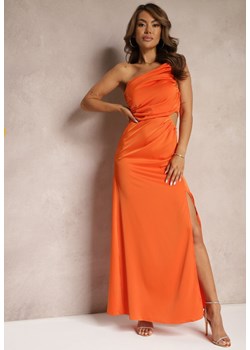 Pomarańczowa Asymetryczna Sukienka Satynowa z Wycięciem w Talii Rozcięciem na Dole i Marszczeniem Aledista ze sklepu Renee odzież w kategorii Sukienki - zdjęcie 173028876