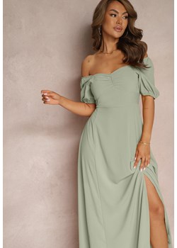 Zielona Sukienka Wieczorowa z Hiszpańskim Dekoltem i Rozcięciem Vikiya ze sklepu Renee odzież w kategorii Sukienki - zdjęcie 173028946