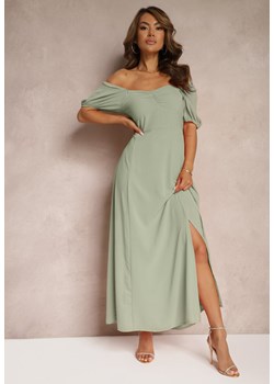 Zielona Sukienka Wieczorowa z Hiszpańskim Dekoltem i Rozcięciem Vikiya ze sklepu Renee odzież w kategorii Sukienki - zdjęcie 173028948