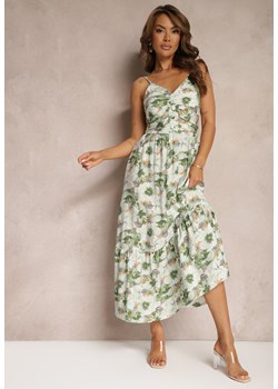 Beżowo-Zielona Rozkloszowana Sukienka na Ramiączkach z Rozcięciami Ozdobiona Guzikami Dimline ze sklepu Renee odzież w kategorii Sukienki - zdjęcie 173118248