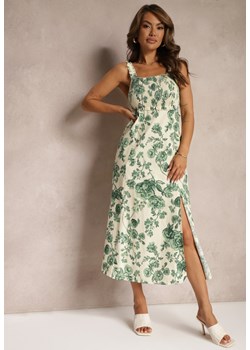 Biało-Zielona Sukienka z Bawełny na Ramiączkach z Gumką w Pasie i Ozdobnym Rozcięciem na Nogę Dimrrou ze sklepu Renee odzież w kategorii Sukienki - zdjęcie 173118278