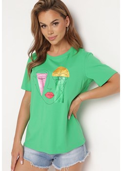 Zielony Bawełniany T-shirt z Krótkim Rękawem i Ozdobnym Nadrukiem Biolivia ze sklepu Born2be Odzież w kategorii Bluzki damskie - zdjęcie 173127115