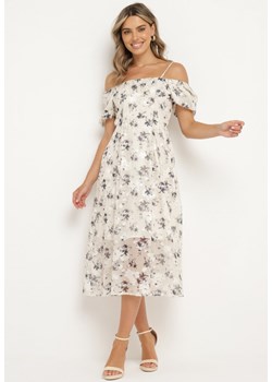 Biało-Szara Sukienka z Hiszpańskim Dekoltem i Bufiastymi Rękawami w Kwiatowy Wzór Mesbia ze sklepu Born2be Odzież w kategorii Sukienki - zdjęcie 173127206