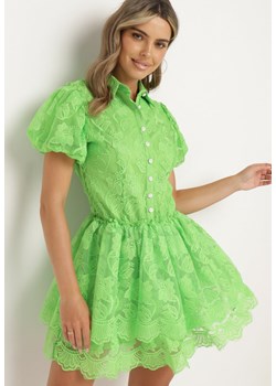 Zielona Koronkowa Sukienka Mini w Kwiaty z Bufiastymi Rękawami Cervi ze sklepu Born2be Odzież w kategorii Sukienki - zdjęcie 173127295