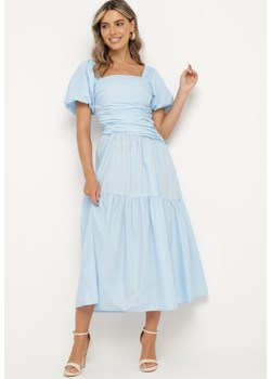 Niebieska Rozkloszowana Marszczona Sukienka z Wiskozą i Bufiastymi Rękawami oraz Falbanką Larnovia ze sklepu Born2be Odzież w kategorii Sukienki - zdjęcie 173127418