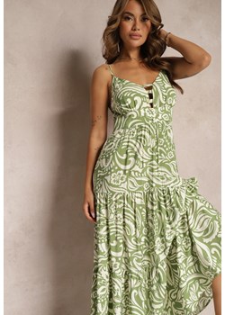 Zielona Rozkloszowana Sukienka z Wiskozą i Bawełną Wykończona Gumką w Talii i Falbanką Dimikka ze sklepu Renee odzież w kategorii Sukienki - zdjęcie 173129439