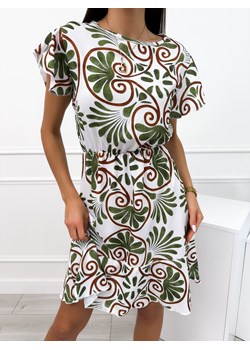 Biała Sukienka w Zielono-Brązowy Wzór ze sklepu ModnaKiecka.pl w kategorii Sukienki - zdjęcie 173131559
