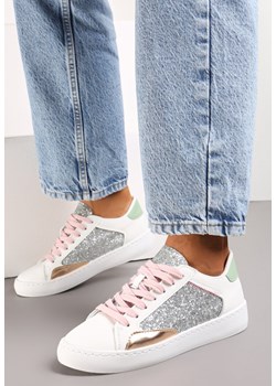 Biało-Srebrne Sneakersy na Płaskiej Podeszwie z Ozdobnymi Wstawkami i Brokatem Jivina ze sklepu renee.pl w kategorii Buty sportowe damskie - zdjęcie 173197465