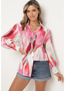 Różowo-Biała Koszula z Długim Rękawem i Kolorowym Printem Tertatia ze sklepu Born2be Odzież w kategorii Koszule damskie - zdjęcie 173257559