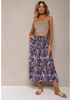 Granatowe Szerokie Spodnie Bawełniane w Etno Wzór z Gumką w Pasie Irilina ze sklepu Renee odzież w kategorii Spodnie damskie - zdjęcie 173277745
