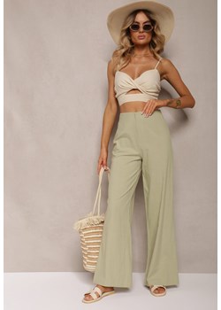 Miętowe Szerokie Spodnie z Wysokim Stanem z Bawełny Henve ze sklepu Renee odzież w kategorii Spodnie damskie - zdjęcie 173277759