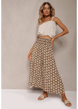 Jasnobrązowe Szerokie Spodnie z Wiskozy w Kwiaty Ramit ze sklepu Renee odzież w kategorii Spodnie damskie - zdjęcie 173277769