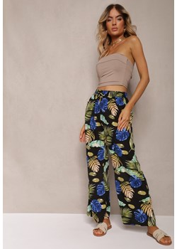 Czarno-Zielone Spodnie z Roślinnym Wzorem z Gumką w Talii Karlita ze sklepu Renee odzież w kategorii Spodnie damskie - zdjęcie 173277789