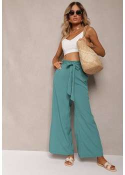 Miętowe Szerokie Spodnie z Materiałowym Paskiem w Typie Paper Bag Lasette ze sklepu Renee odzież w kategorii Spodnie damskie - zdjęcie 173277815