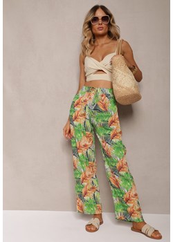 Zielono-Pomarańczowe Spodnie z Wiskozy z Szerokimi Nogawkami Ozdobione Wzorem w Egzotyczne Liście Filea ze sklepu Renee odzież w kategorii Spodnie damskie - zdjęcie 173277817