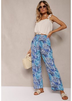 Niebiesko-Szare Spodnie z Wiskozy z Szerokimi Nogawkami Ozdobione Wzorem w Egzotyczne Liście Filea ze sklepu Renee odzież w kategorii Spodnie damskie - zdjęcie 173277819