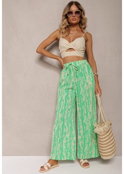 Zielone Spodnie z Szerokimi Nogawkami z Abstrakcyjnym Wzorem i Gumką w Pasie Sarieta ze sklepu Renee odzież w kategorii Spodnie damskie - zdjęcie 173277829